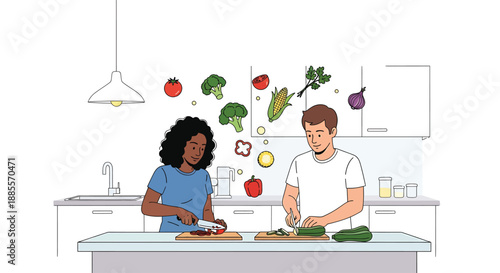 Diverse Couple Cooking Healthy Meal Together In Modern Kitchen, Fresh Vegetables