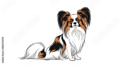 Beautiful Papillon dog with distinctive large ears and long silky white and brown fur sits on a white background.