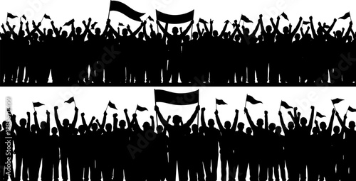 Crowd protest silhouettes with raised hands and flags symbolizing unity, activism, democracy, freedom, political movement, social revolution, public demonstration, isolated black illustration design
