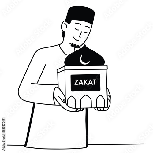 Muslim man holding Zakat donation box illustration in line art style