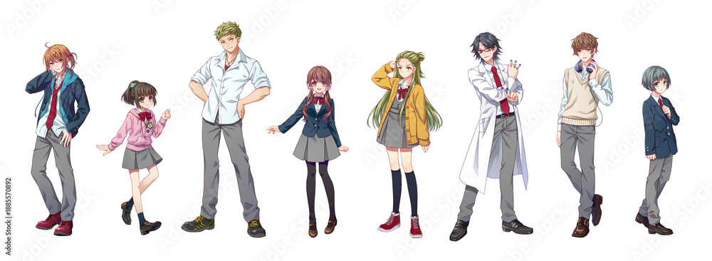 Obraz premium An anime-style full-body illustration of a group of eight young male and female students wearing school uniforms