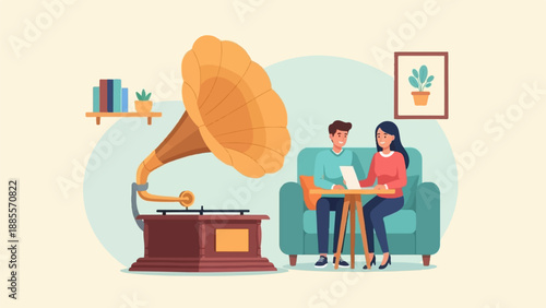 Couple enjoys vintage music from a gramophone while relaxing indoors