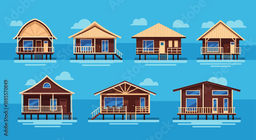 Set of several different wooden bungalow styles built on stilts over water under a clear blue tropical sky.