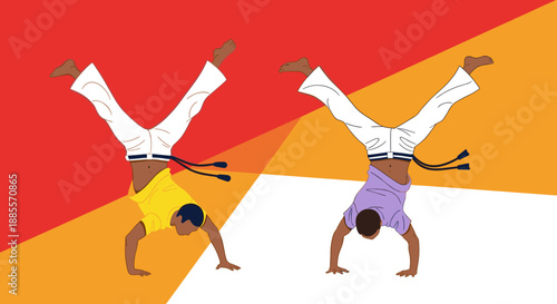 Two men perform capoeira martial arts movements against a bright geometric background with red and yellow tones.