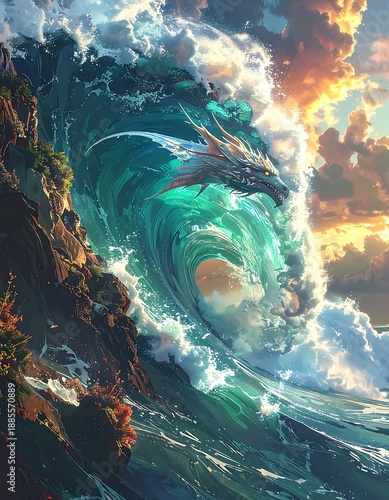 Blue dragon emerges from a large, curling wave against a scenic sky and craggy coastline