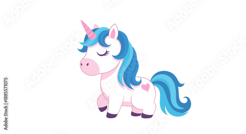 Little white unicorn with a blue mane and a pink heart on its flank walks gracefully on a white background.