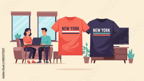 Couple using laptop at home, with New York themed t-shirts displayed