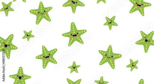 Seamless pattern features many cute green starfish with smiling faces and pink cheeks on a white background.