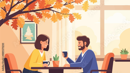 Couple enjoys warm beverages at a cafe with autumn foliage outside