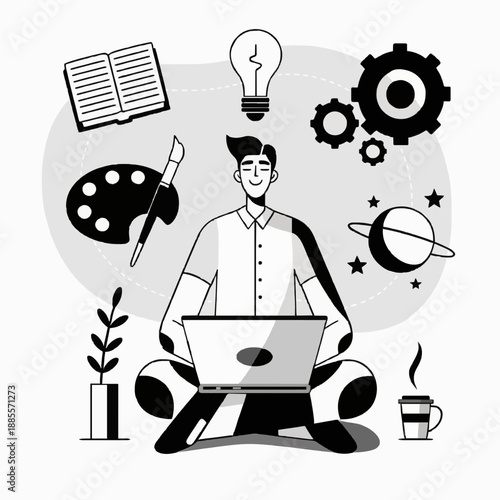 Creative Mind at Work: Illustration of Man with Laptop