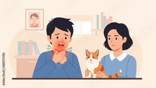 Concerned family members and pet watch someone with a sore throat