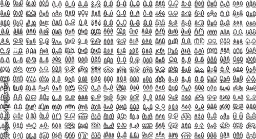 blackandwhite illustration of various people and objects in rows and columns on white background