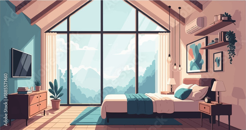 Cozy bedroom with large windows showcasing a scenic mountain view