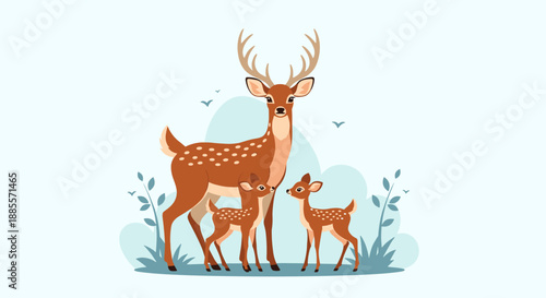 Magnificent stag with large antlers stands proudly alongside two young fawns in a simple and peaceful outdoor natural setting.
