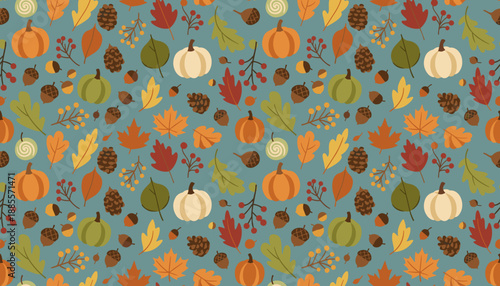 Seamless pattern Cozy fall elements pumpkins leaves acorns and pine cones on a rustic blue background