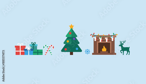 Festive flat illustration of Christmas icons tree gifts fireplace reindeer and candy canes