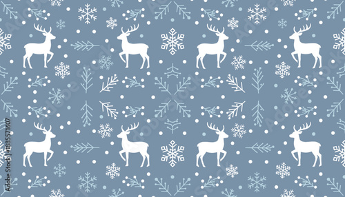 Seamless winter pattern with reindeer silhouettes snowflakes and festive branches on a dusty blue background