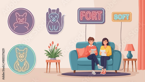 Couple relaxing on sofa, with neon pet icons and word signs
