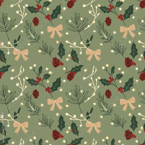 Seamless Christmas pattern with holly pine cones bows and festive string lights on green texture