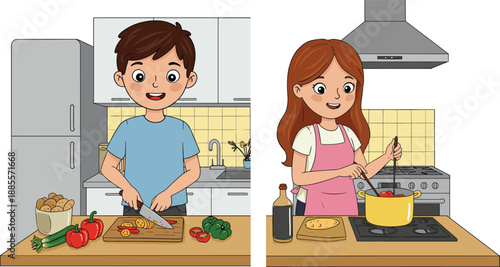 Cute boy and girl cooking together in kitchen preparing healthy food kids home cooking cartoon vector illustration isolated white background
