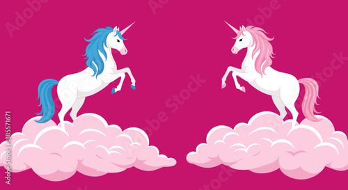 Two majestic unicorns, one with a blue mane and one with a pink mane, stand on fluffy pink clouds against a magenta background.