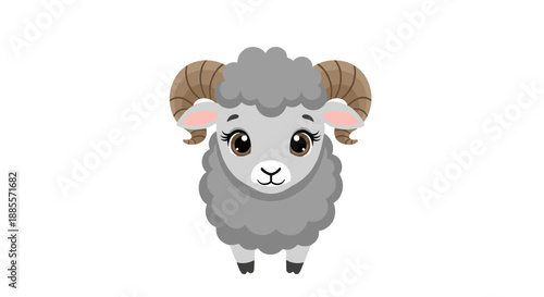 Adorable baby ram with grey wool and large curved horns standing on a white background with a friendly curious expression.