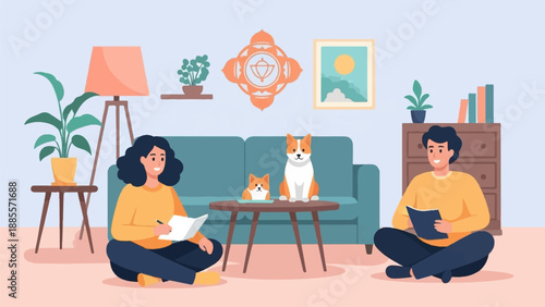 Couple and dogs relaxing in a cozy living room, reading and writing
