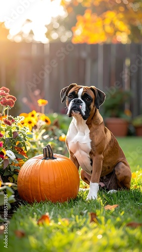 Boxer dog sits beside a vibrant orange pumpkin in an autumnal garden with flowers, grass, and warm golden light