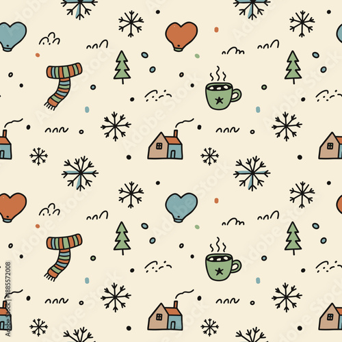 Handdrawn cozy winter seamless pattern with snowflakes houses scarves and cocoa mugs Christmas background