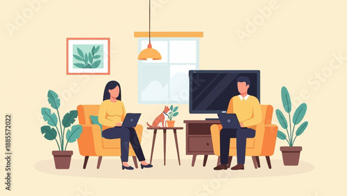 Couple working on laptops in a cozy living room with plants and a dog