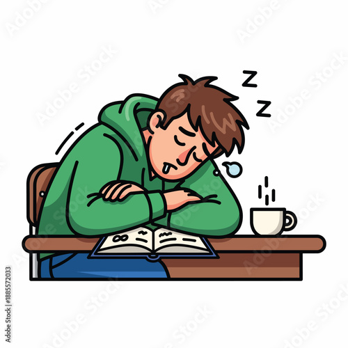 A student sleeping at desk with book and coffee