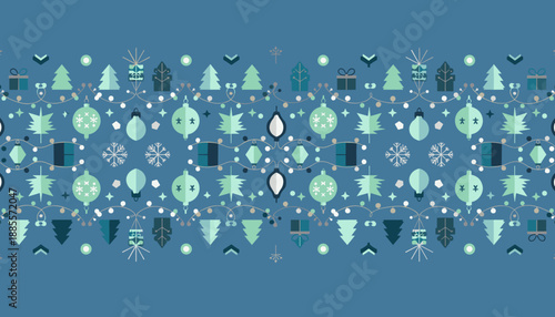 Geometric seamless holiday pattern border Minimalist design with Christmas trees ornaments and gifts on blue