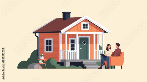 Couple relaxing on sofa near cozy red house with green door and porch