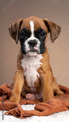 Boxer puppy sits on a brown blanket and white rug with tan background. Small, short hair, cute, wrinkled brow