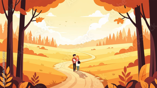 Couple walking on a winding path in autumn woods at sunset