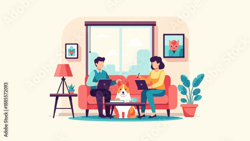 Couple and dog working remotely on laptops on a sofa