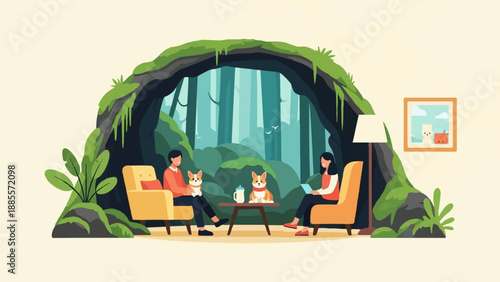 Cozy cave dwelling with two people, two corgis, and lush forest backdrop