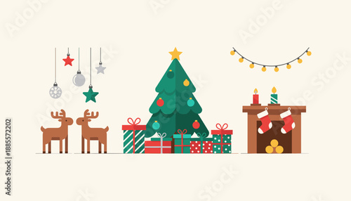 Festive Christmas scene illustration with tree gifts fireplace reindeer and holiday decor elements