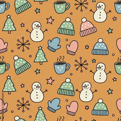 A cute seamless winter pattern featuring handdrawn snowmen hats mittens Christmas trees and hot cocoa mugs