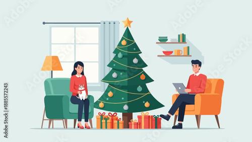 Couple celebrating Christmas indoors with gifts and tree