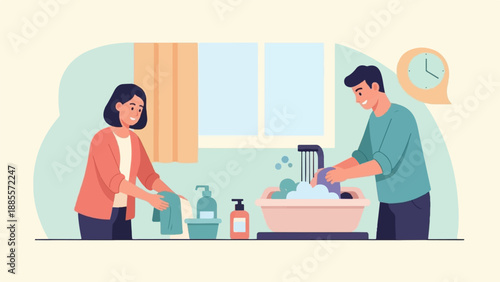 Couple happily washing dishes together by the window