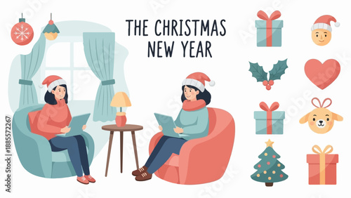 Cozy Christmas and New Year scene with people enjoying the holidays indoors