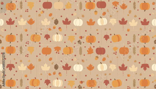 Fall seamless pattern with pumpkins maple leaves acorns and berries on a vintage kraft background