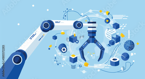 Robotic arm assembling digital components and geometric shapes in a futuristic technology concept