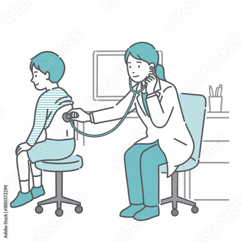 白衣を着た女性医師（小児科医）による男の子の背中の聴診・診察のイラスト