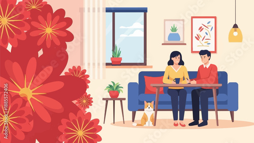 Couple in a cozy room with flowers and a pet