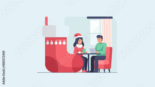 Cozy Christmas scene with couple and large stocking