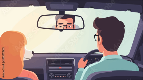 Couple in a car with dog looking out window, driver seen in mirror