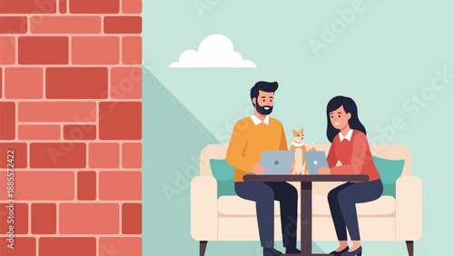 Couple and dog working on laptops at an outdoor cafe with a brick wall