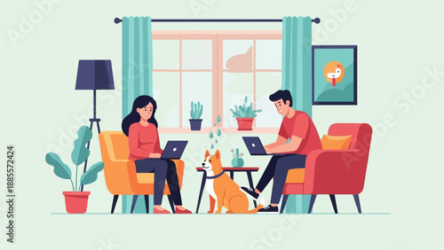 Couple and dog working on laptops in a cozy home office with plants